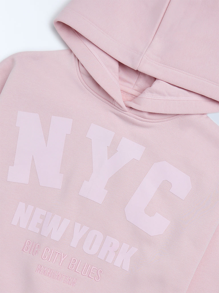 Girls Pink Text Design Cotton-Blend Hoodie