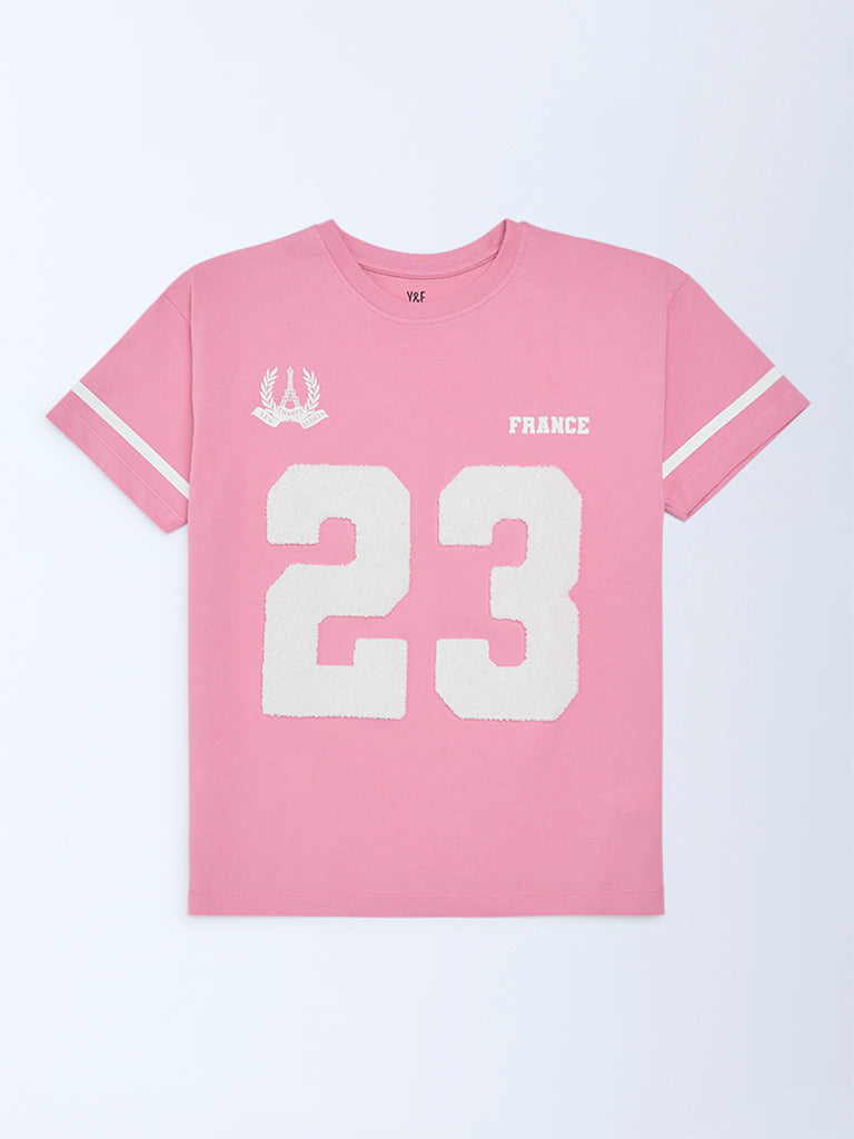 Girls Pink Printed Cotton T-Shirt