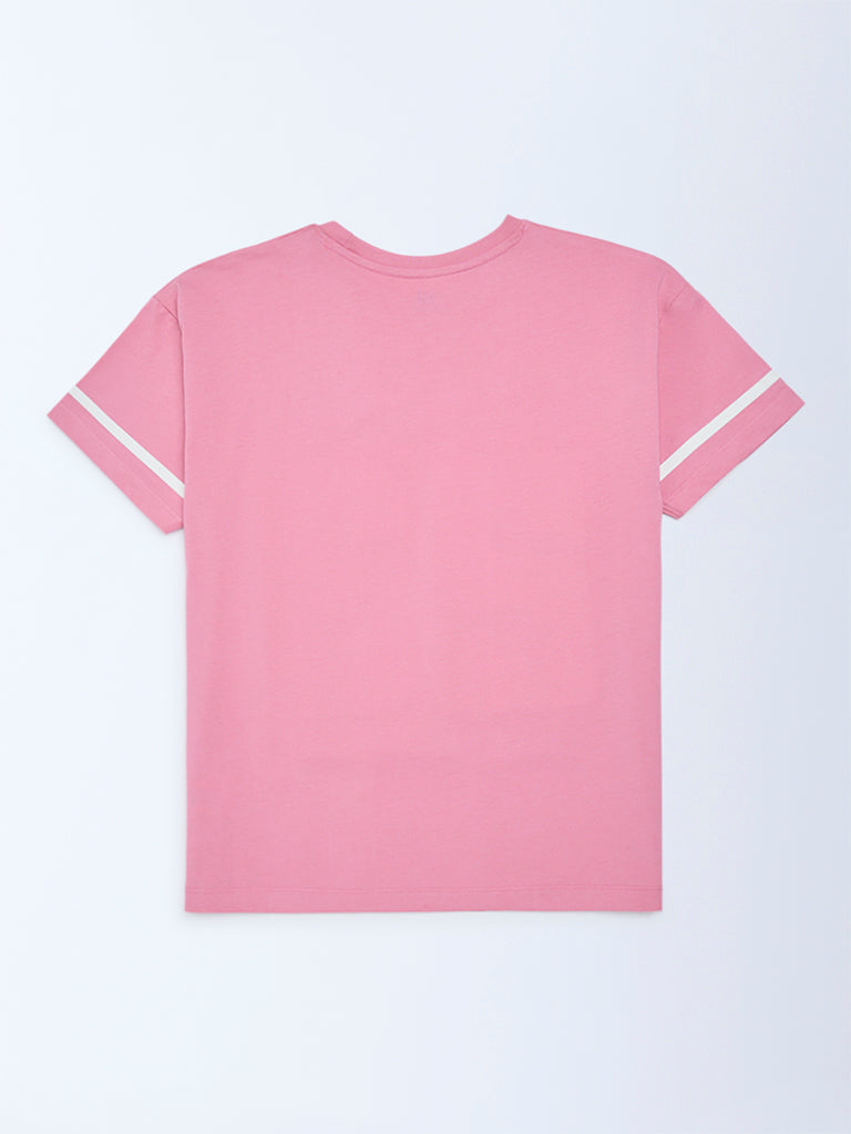 Girls Pink Printed Cotton T-Shirt