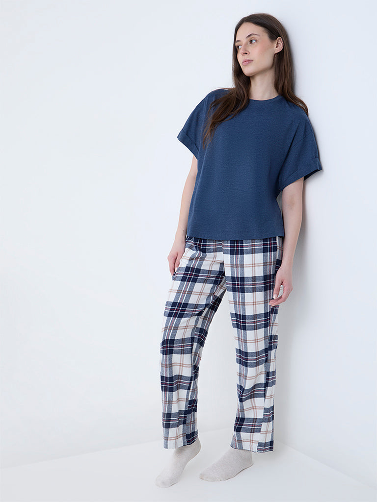 Wunderlove Blue Flannel Checkered High-Rise Cotton Pants