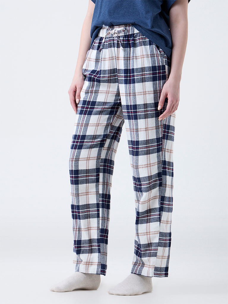 Wunderlove Blue Flannel Checkered High-Rise Cotton Pants
