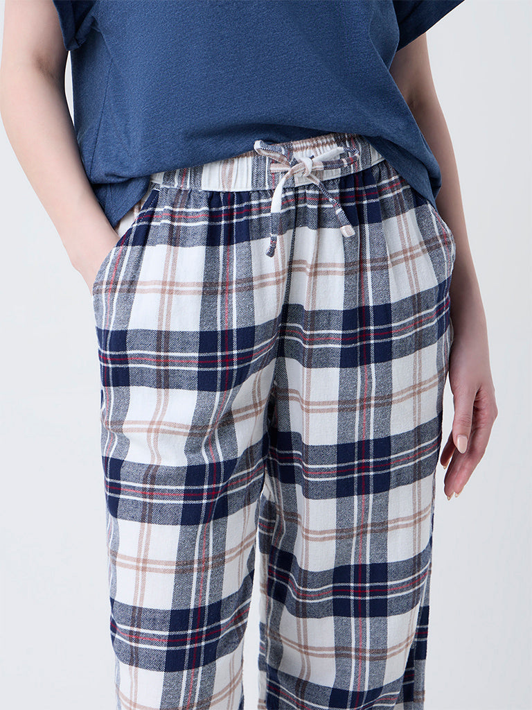 Wunderlove Blue Flannel Checkered High-Rise Cotton Pants