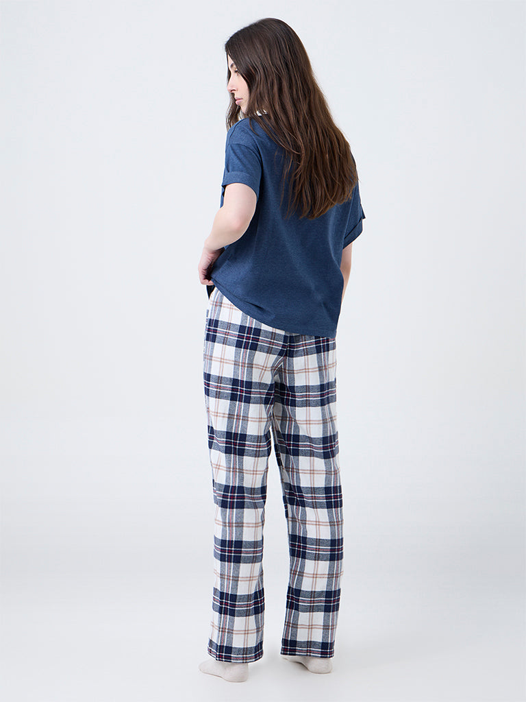 Wunderlove Blue Flannel Checkered High-Rise Cotton Pants
