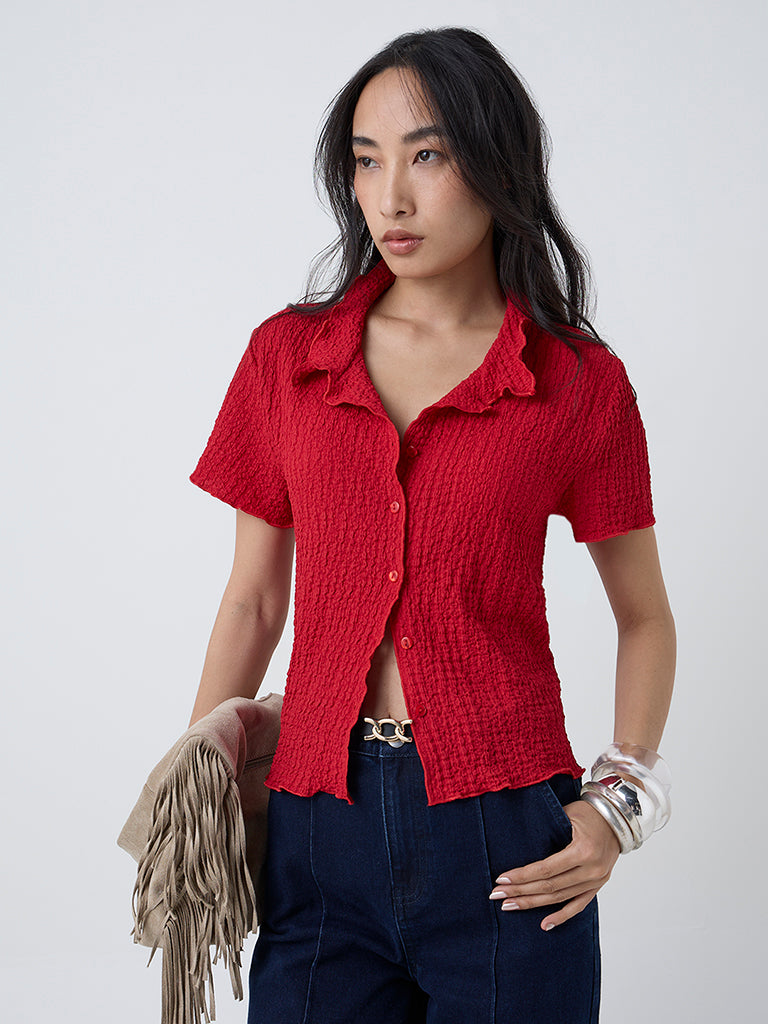 LOV Red Crinkle-Textured Shirt