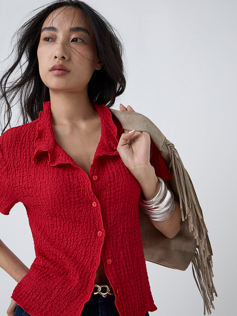 LOV Red Crinkle-Textured Shirt
