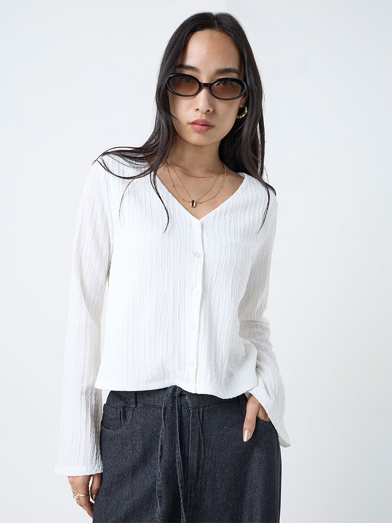 LOV White Crinkle-Textured Top