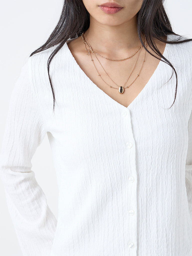 LOV White Crinkle-Textured Top