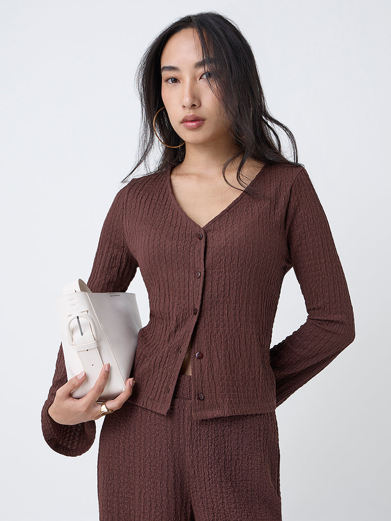 LOV Dark Brown Crinkle Textured Top