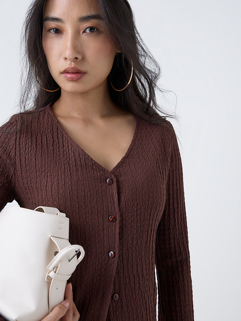 LOV Dark Brown Crinkle Textured Top