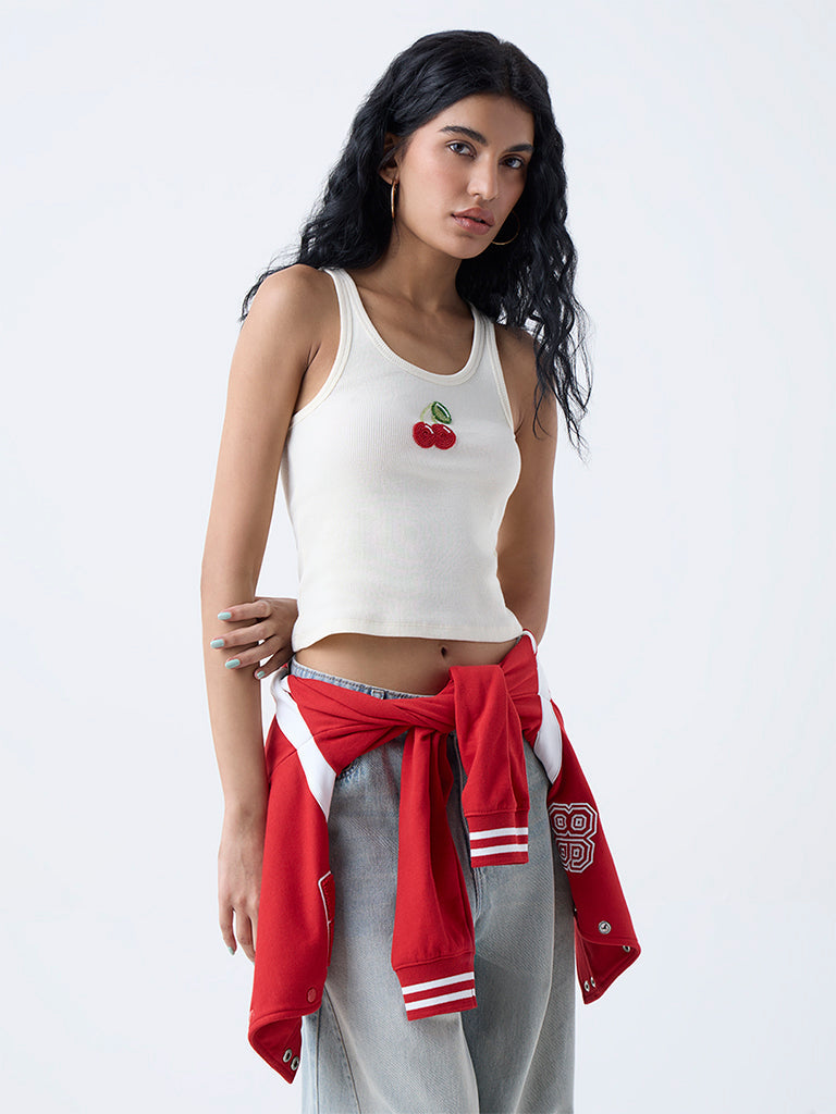 Nuon Off-White Embellished Cotton-Blend Tank Top