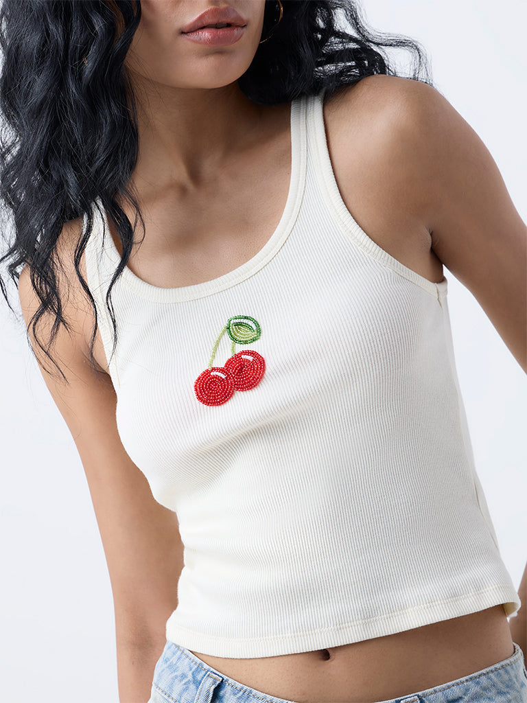 Nuon Off-White Embellished Cotton-Blend Tank Top