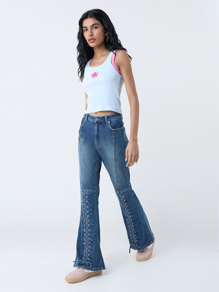 Nuon Light Blue Embellished Cotton-Blend Tank Top