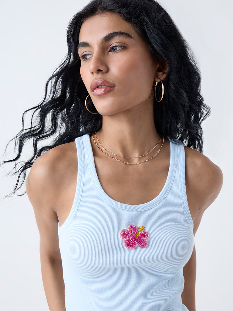 Nuon Light Blue Embellished Cotton-Blend Tank Top