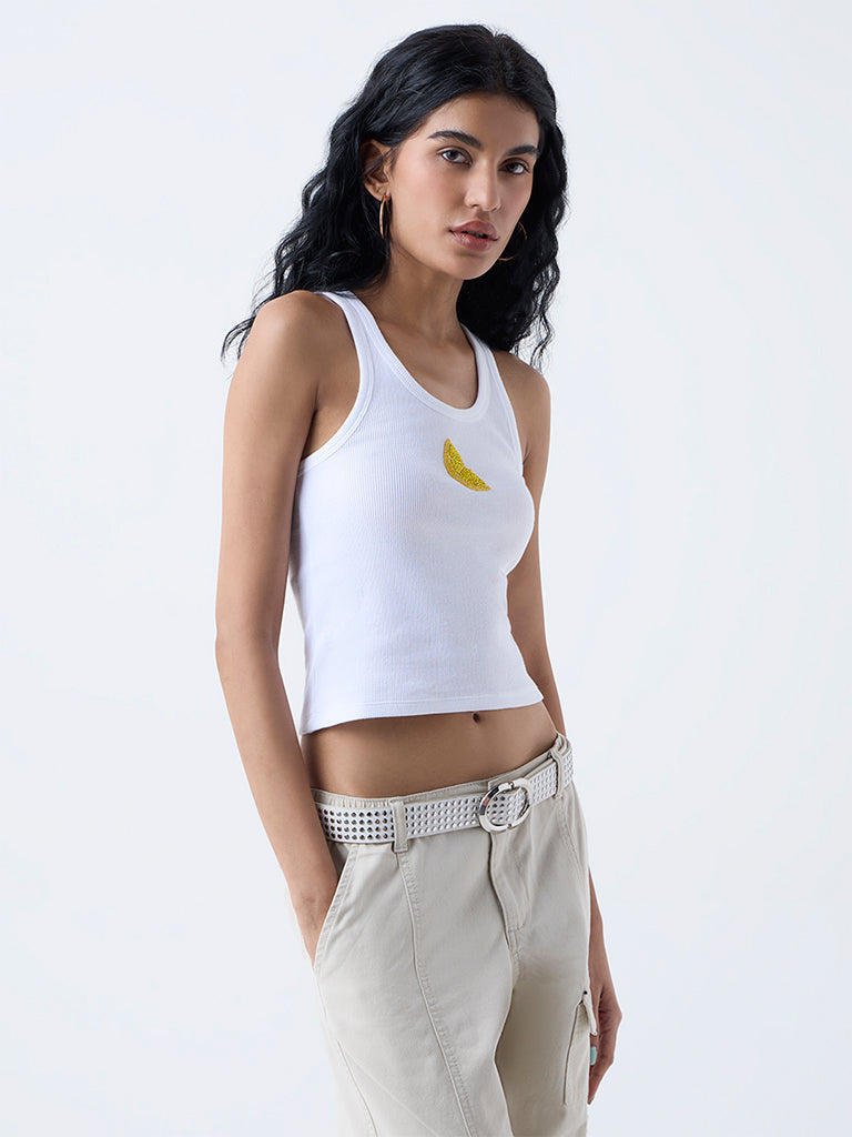 Nuon White Embellished Cotton-Blend Tank Top