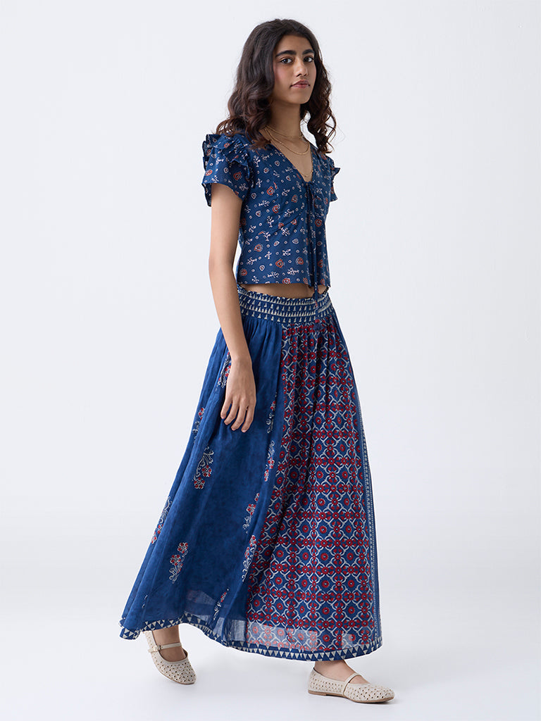 Bombay Paisley Blue Printed Cotton Maxi Skirt