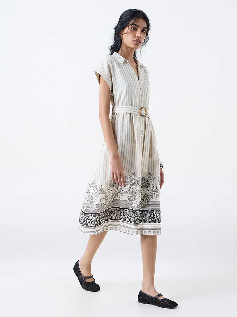 Bombay Paisley Off-White Cotton Shirt Dress with Belt