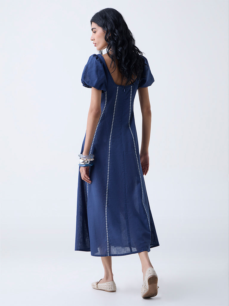 Bombay Paisley Blue Striped Cotton-Blend A-Line Dress