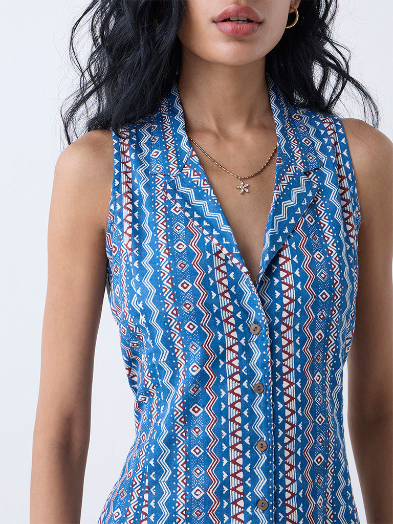 Bombay Paisley Blue Aztec Printed Cotton-Blend Shirt Dress