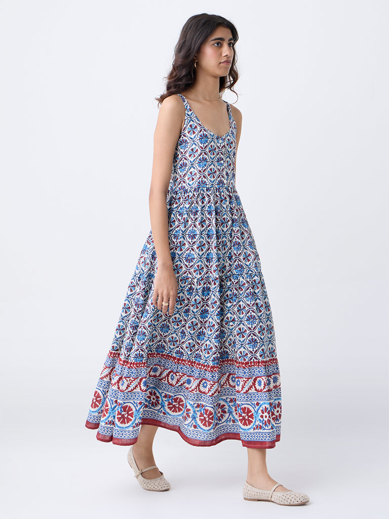 Bombay Paisley Blue Floral Cotton Tiered Dress