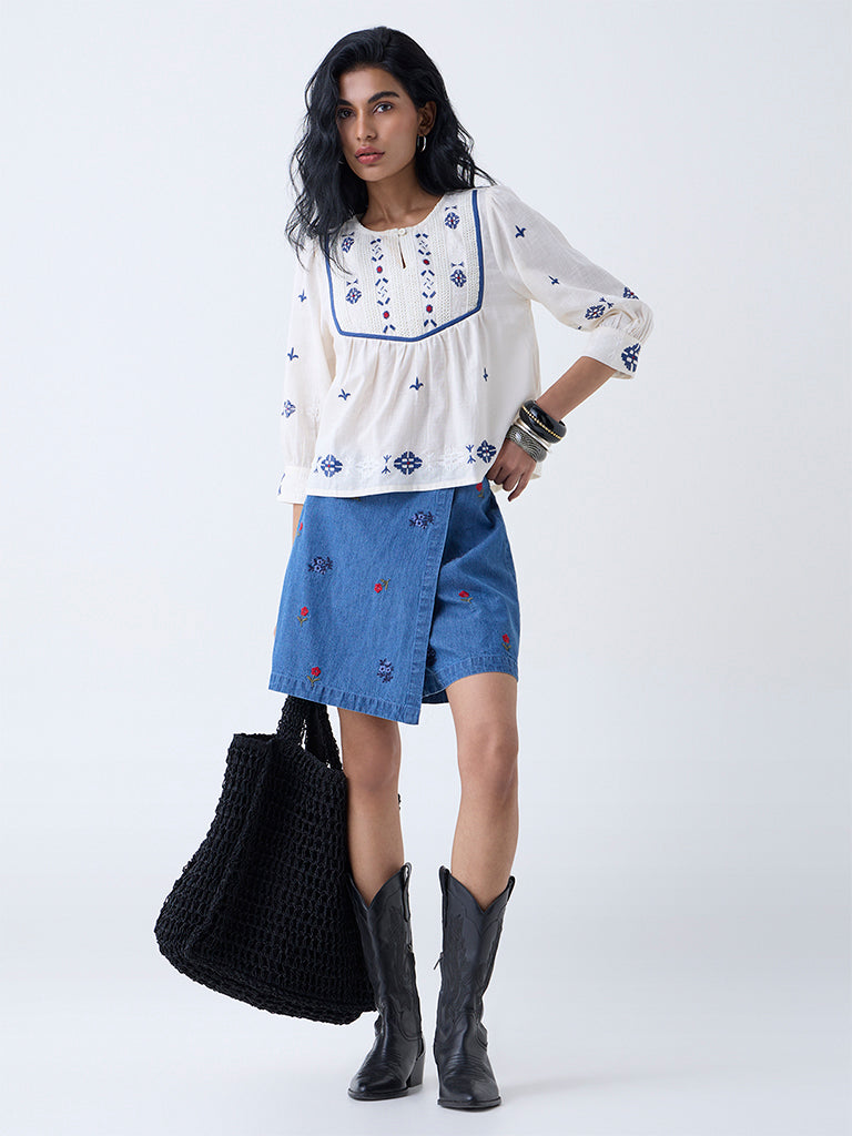 Bombay Paisley Off-White Embroidered Cotton Top