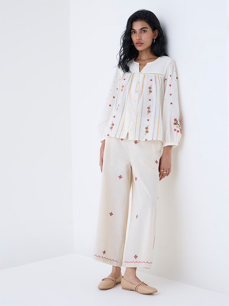 Bombay Paisley Off-White Floral Embroidered Cotton Top