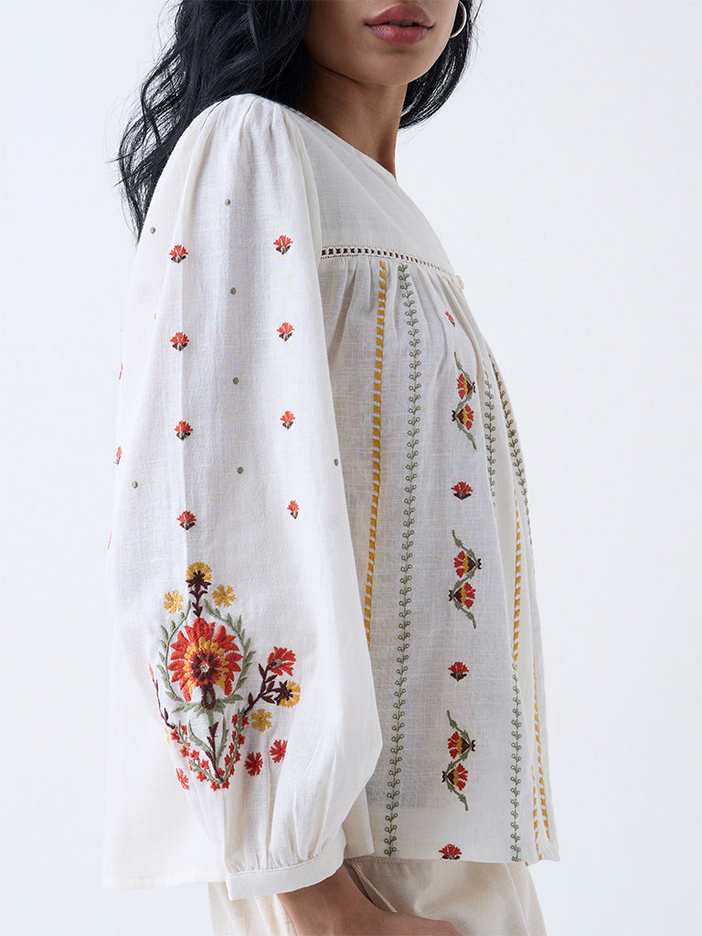 Bombay Paisley Off-White Floral Embroidered Cotton Top