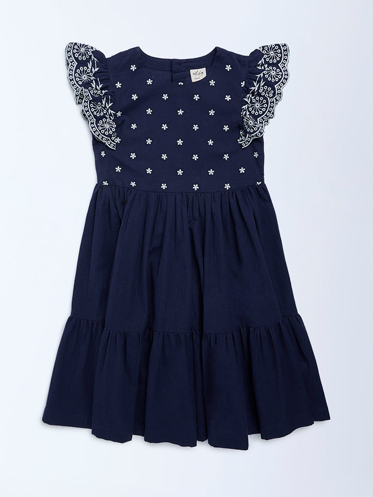 Utsa Kids Girls Navy Floral Embroidered A-Line Cotton-Blend Dress - (8-14 yrs)