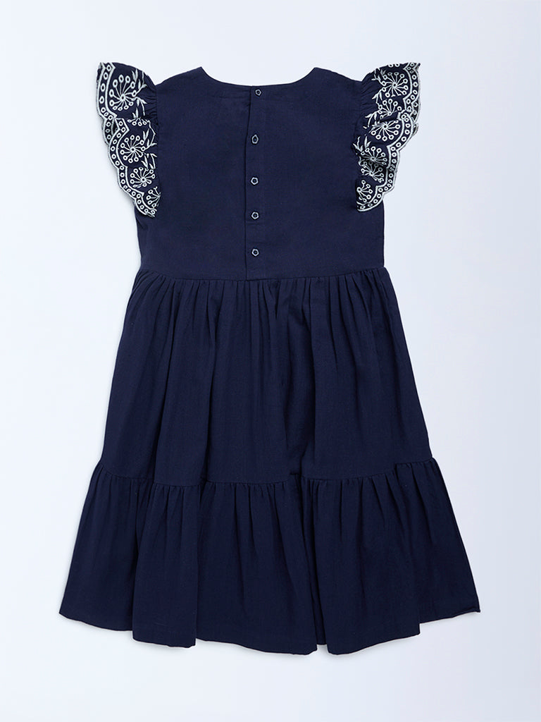Utsa Kids Girls Navy Floral Embroidered A-Line Cotton-Blend Dress - (8-14 yrs)