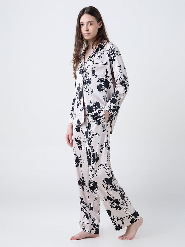 Wunderlove Beige Floral Design Satin Shirt and Pyjamas Set