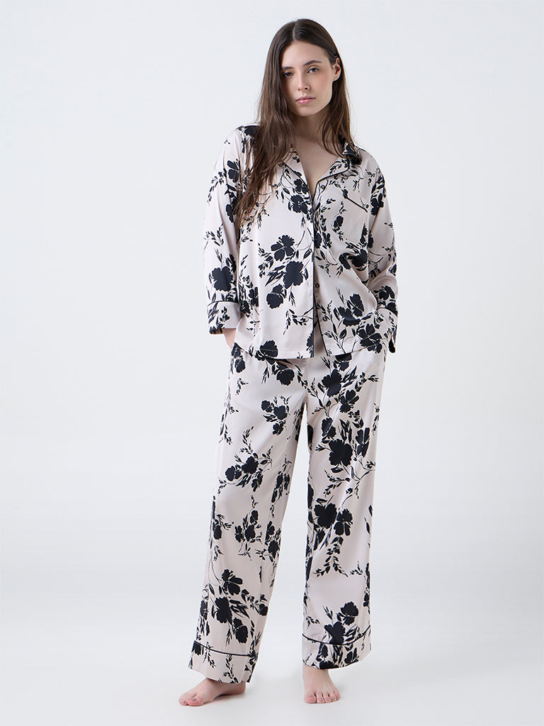 Wunderlove Beige Floral Design Satin Shirt and Pyjamas Set