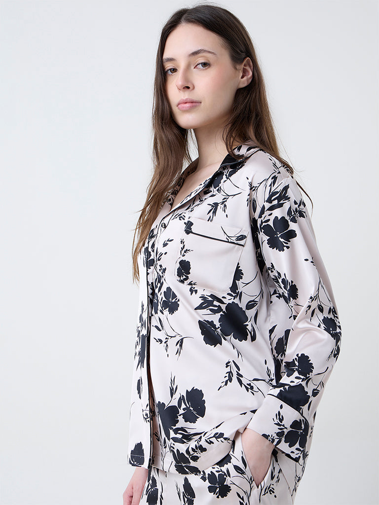 Wunderlove Beige Floral Design Satin Shirt and Pyjamas Set