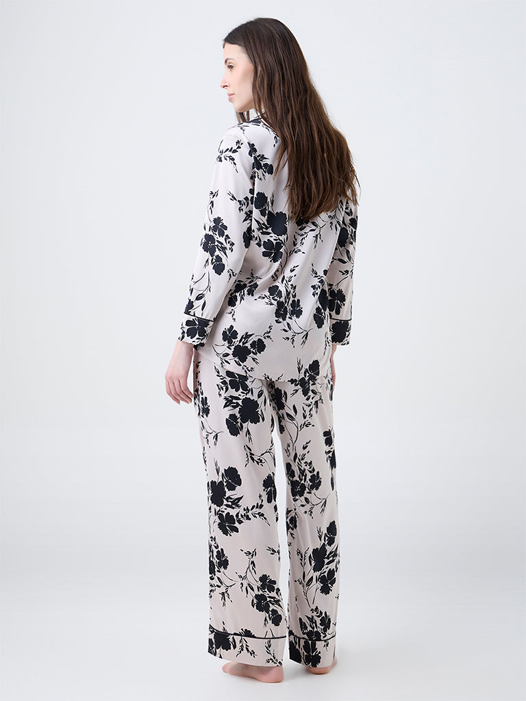 Wunderlove Beige Floral Design Satin Shirt and Pyjamas Set