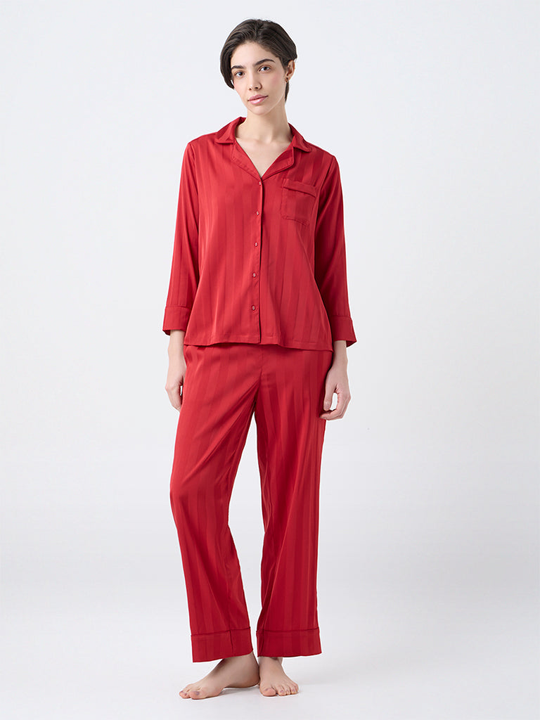 Wunderlove Red Self-Striped Satin Shirt with Pyjama Set