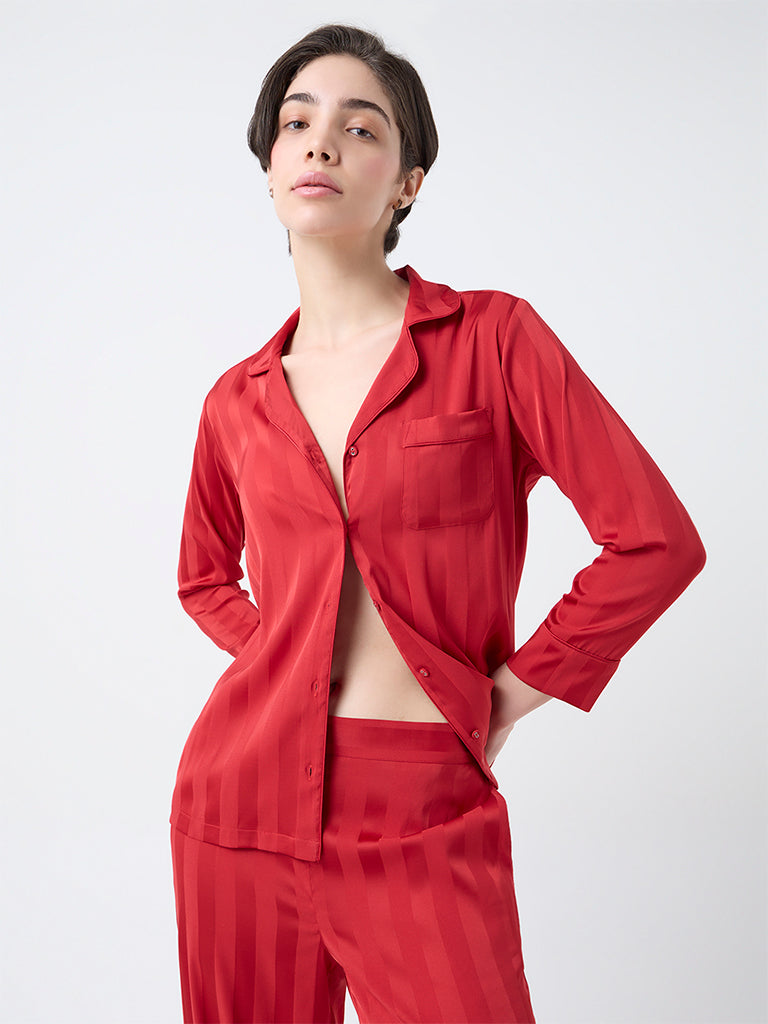 Wunderlove Red Self-Striped Satin Shirt with Pyjama Set