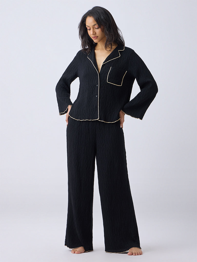 Wunderlove Black Textured Shirt and Pyjamas Set