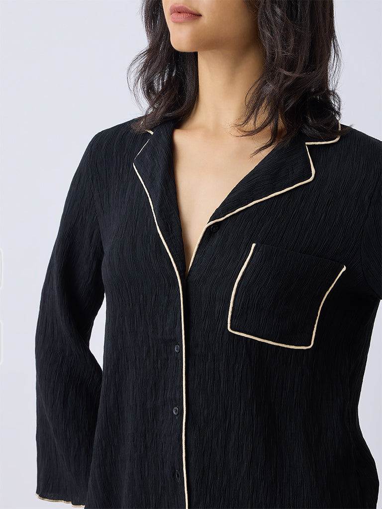 Wunderlove Black Textured Shirt and Pyjamas Set