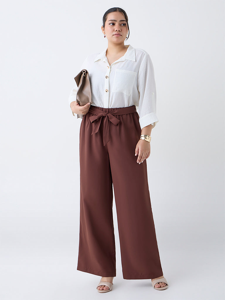 Gia Dark Brown Solid High-Rise Pants with Belt