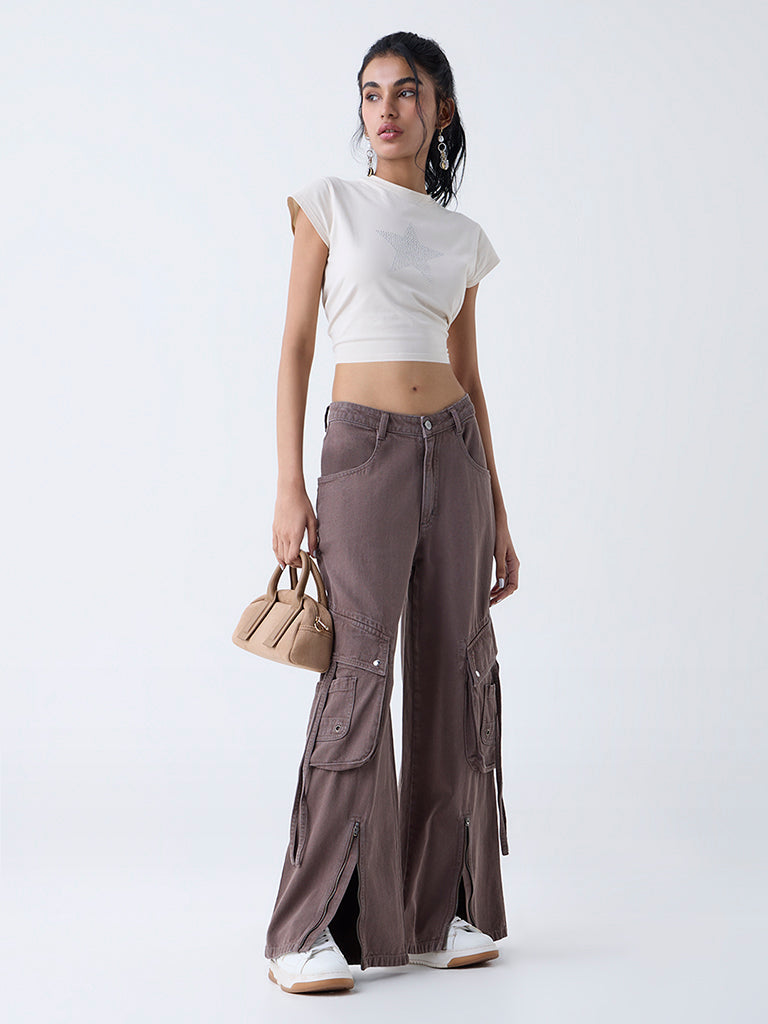 Nuon Brown Cargo-Style High-Rise Jeans