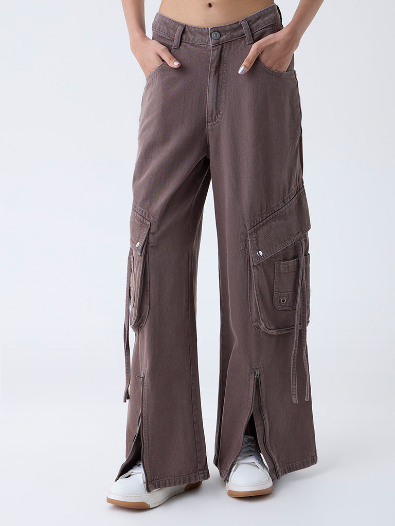 Nuon Brown Cargo-Style High-Rise Jeans