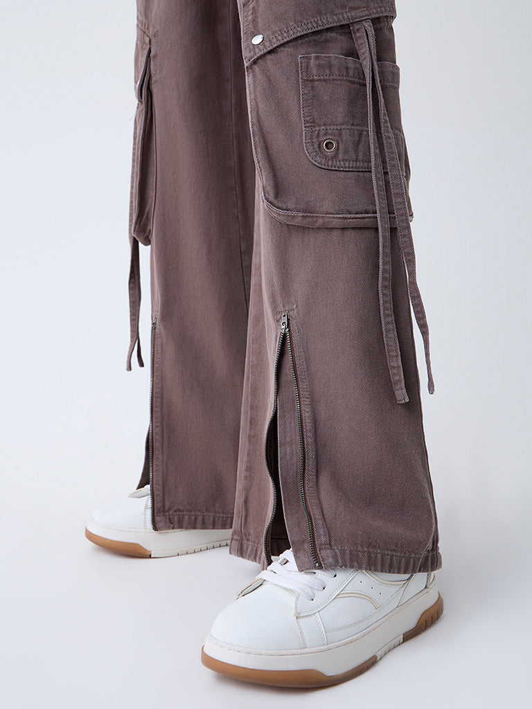 Nuon Brown Cargo-Style High-Rise Jeans