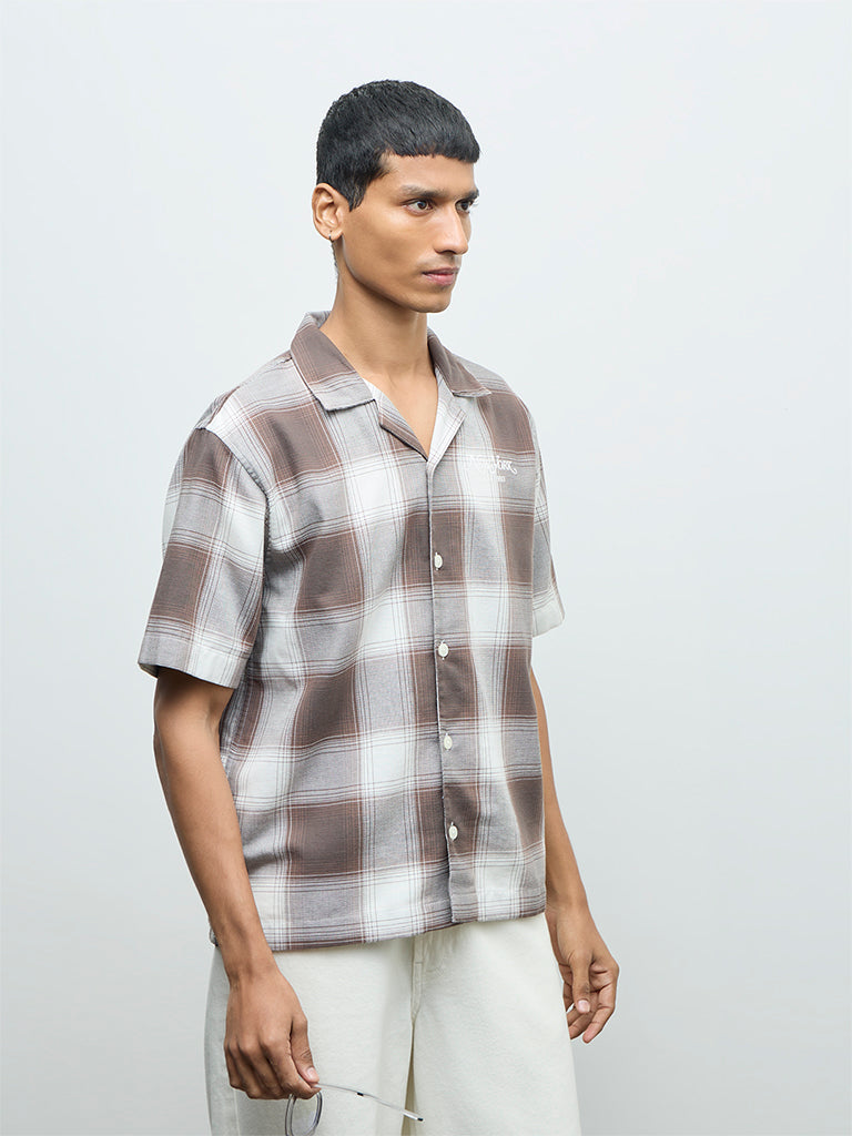 Nuon Brown Checks Pattern Relaxed-Fit Cotton Shirt