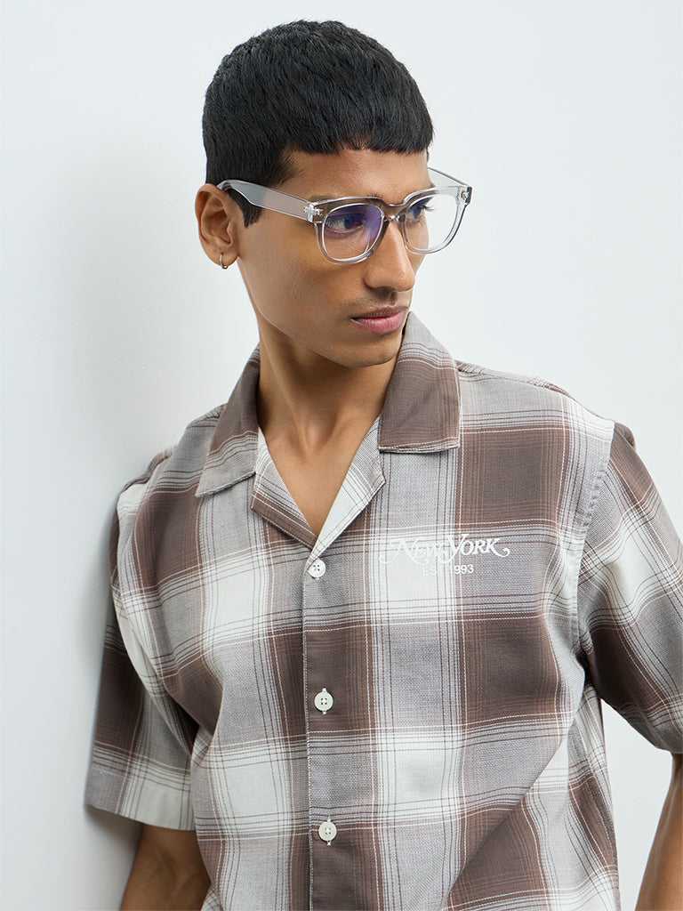 Nuon Brown Checks Pattern Relaxed-Fit Cotton Shirt