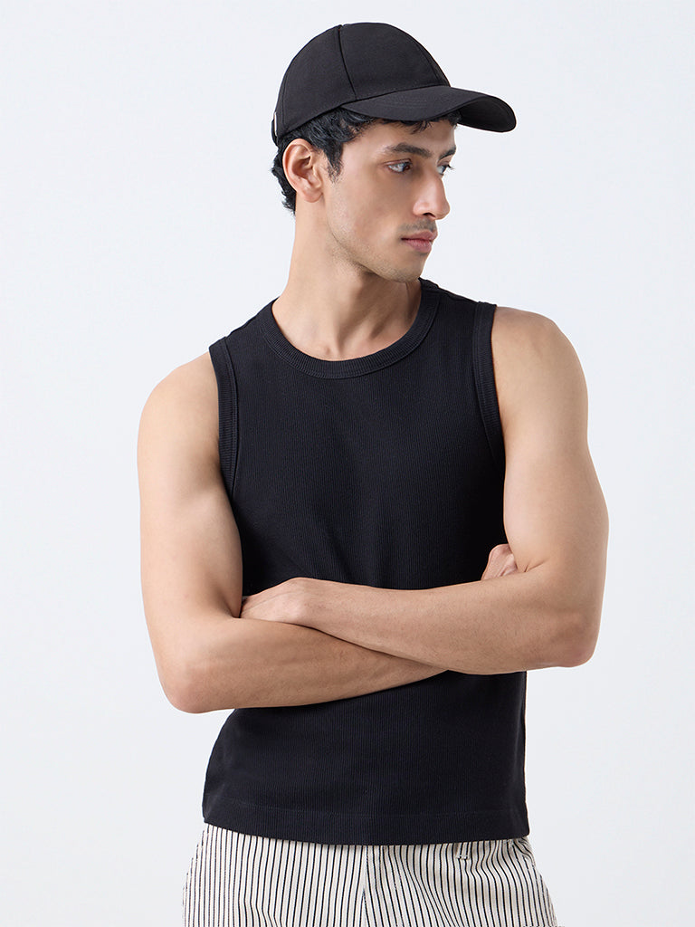 Nuon Black Ribbed Slim-Fit Cotton-Blend T-Shirt