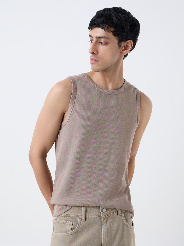 Nuon Light Brown Ribbed Slim-Fit Cotton-Blend T-Shirt