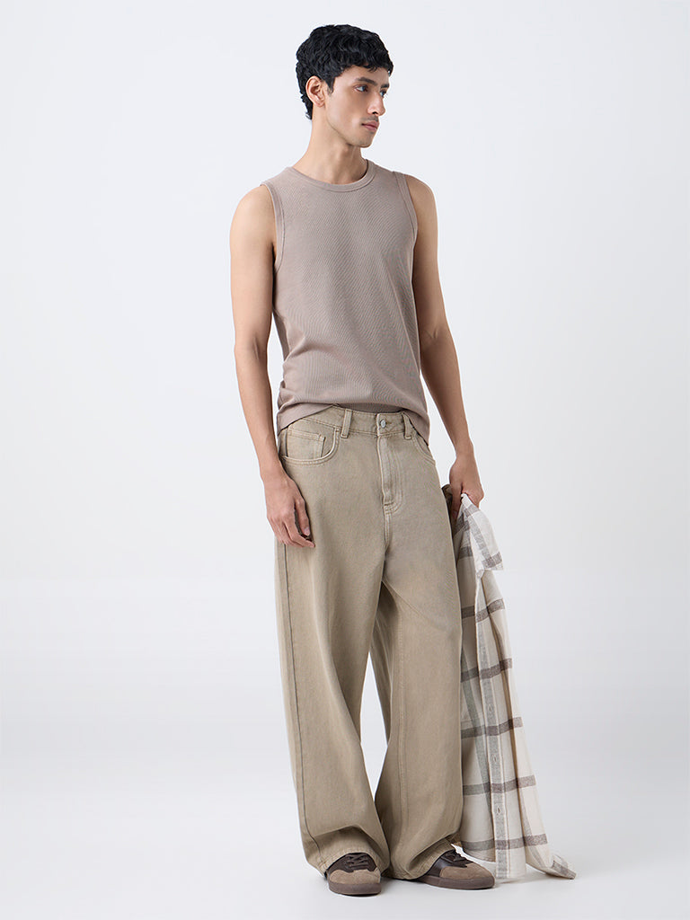Nuon Light Brown Ribbed Slim-Fit Cotton-Blend T-Shirt