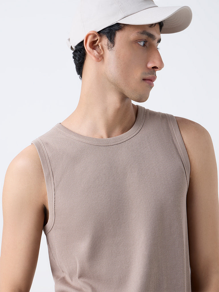 Nuon Light Brown Ribbed Slim-Fit Cotton-Blend T-Shirt