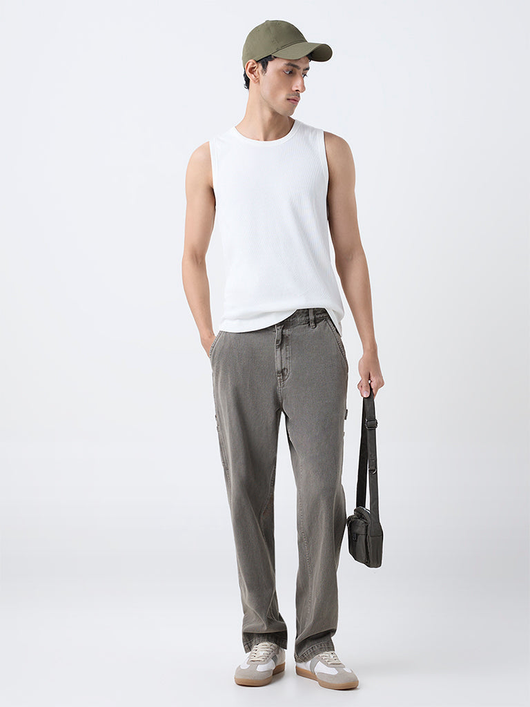 Nuon White Ribbed Slim-Fit Cotton-Blend T-Shirt