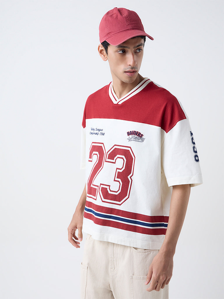 Nuon Red Printed Relaxed-Fit Cotton T-Shirt