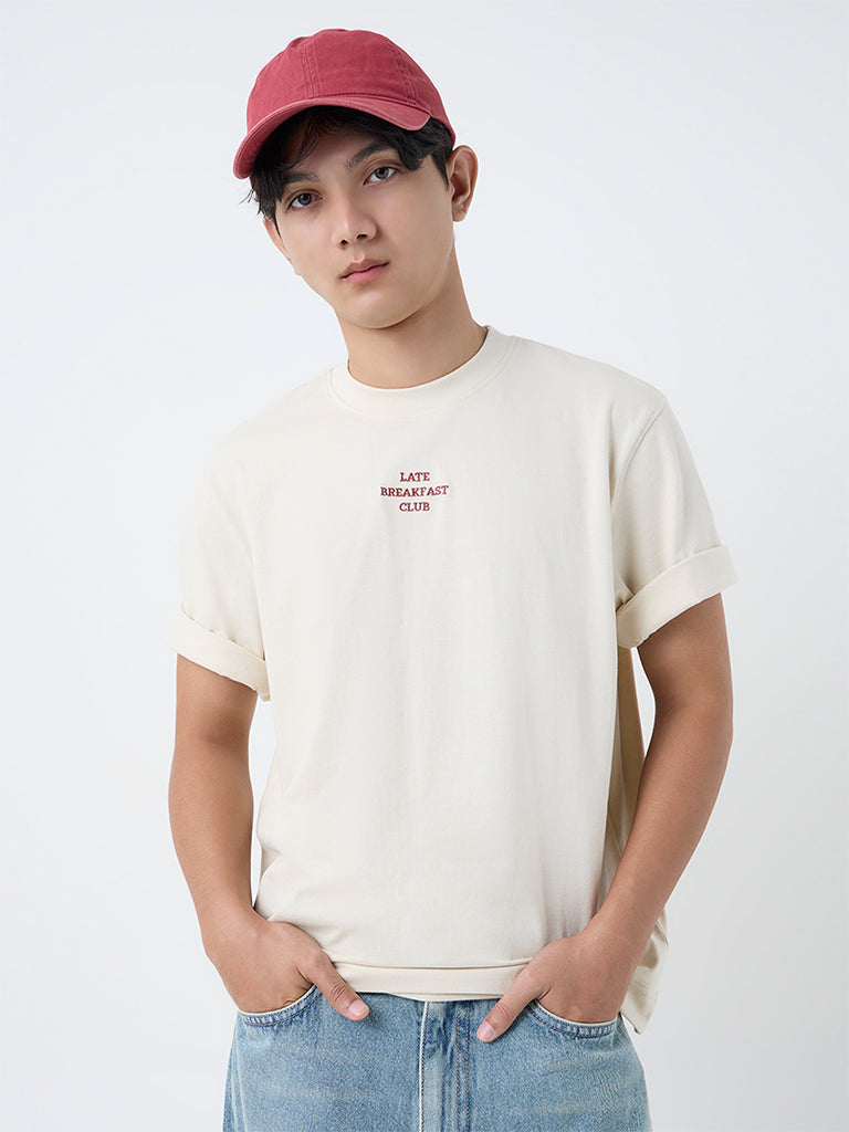 Nuon Beige Text Design Relaxed-Fit Cotton T-Shirt