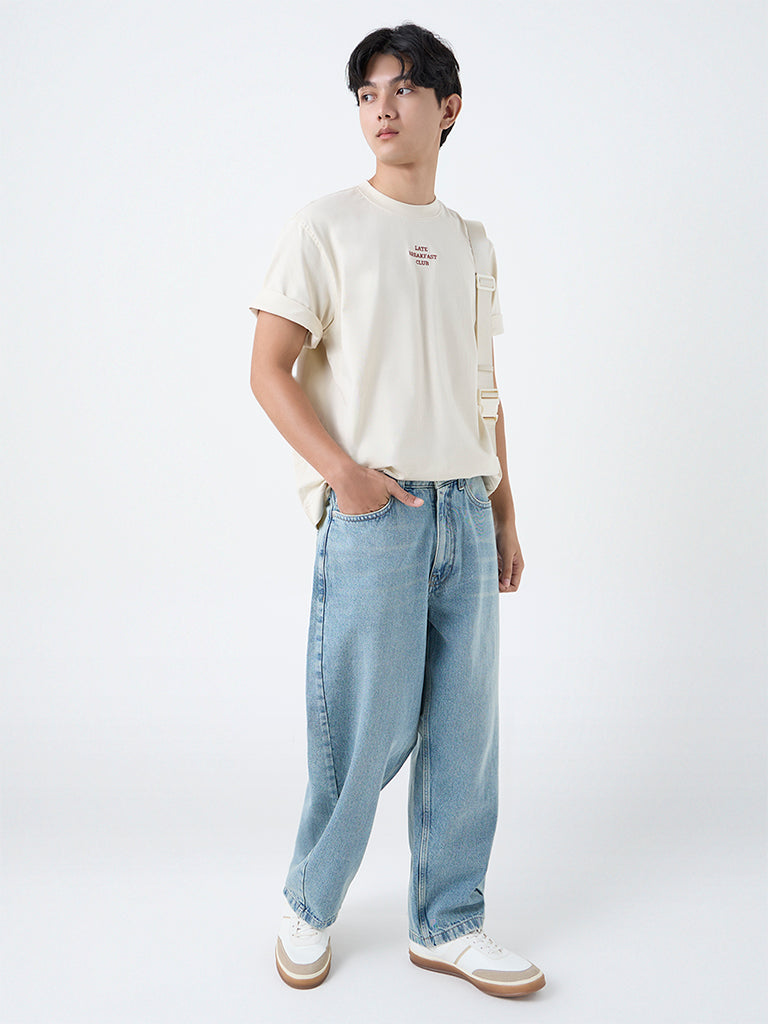 Nuon Beige Text Design Relaxed-Fit Cotton T-Shirt